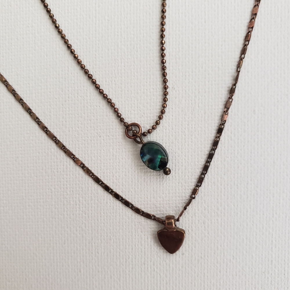 Bronze and Green Pendant Necklace, Double Chain Necklace, Layered Necklace